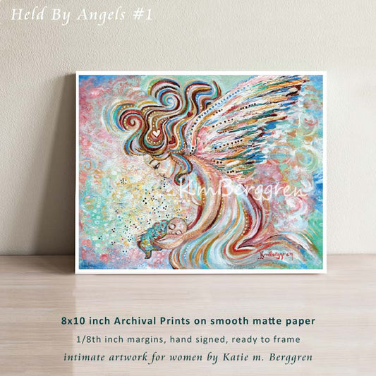 whimsical and fantasy artwork of large angel with curly colorful hair and big colorful wings holding a tiny infant. Pink and Blue background, Katie m. Berggren artwork