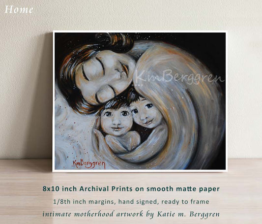 black and white artwork of mother with black hair holding two children. Choose Embellished for eye color changes.