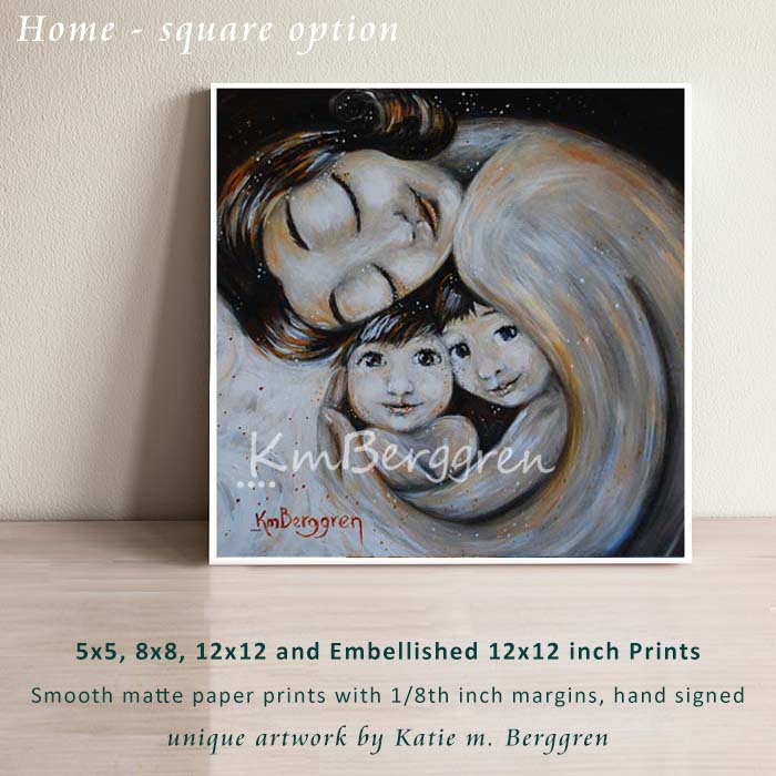 black and white artwork of mother with black hair holding two children. Choose Embellished for eye color changes.