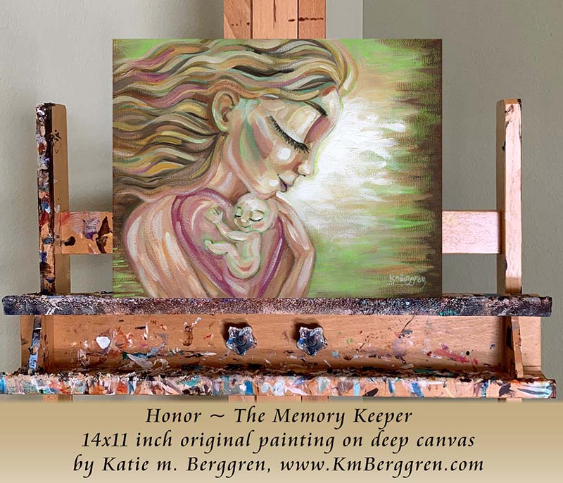 blonde mother with flowing hair holding a baby in her big pink heart, by KmBerggren, original painting on deep canvas