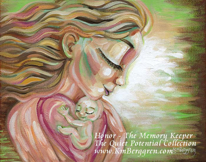 Artistic depiction of a woman holding a baby with a soft, warm color palette. blonde mother with flowing hair holding a baby in her big pink heart, by KmBerggren, original painting on deep canvas