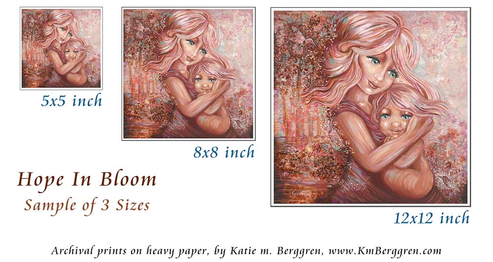blonde red hair mother and red hair daughter with blue and green eyes, cuddling new baby girl in lap, pink forest with hummingbirds, pink soft trees, ethereal whimsical magical painting of mother and daughter kmberggren