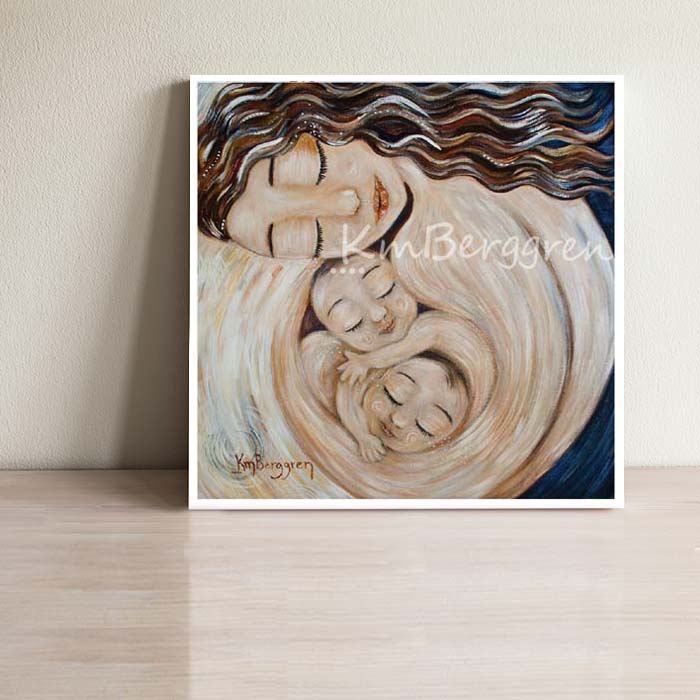 artwork of mother holding twin babies skin to skin by KmBerggren, gentle soothing gifts for mom, intimate pink art print of mother with twin babies, twin boys with mommy, twin girls with mom, babies in utero painting, babies in womb art, brunette mother holding twins