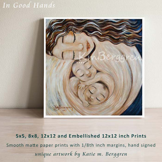 artwork of mother holding twin babies skin to skin by KmBerggren, gentle soothing gifts for mom, intimate pink art print of mother with twin babies, twin boys with mommy, twin girls with mom, babies in utero painting, babies in womb art, brunette mother holding twins