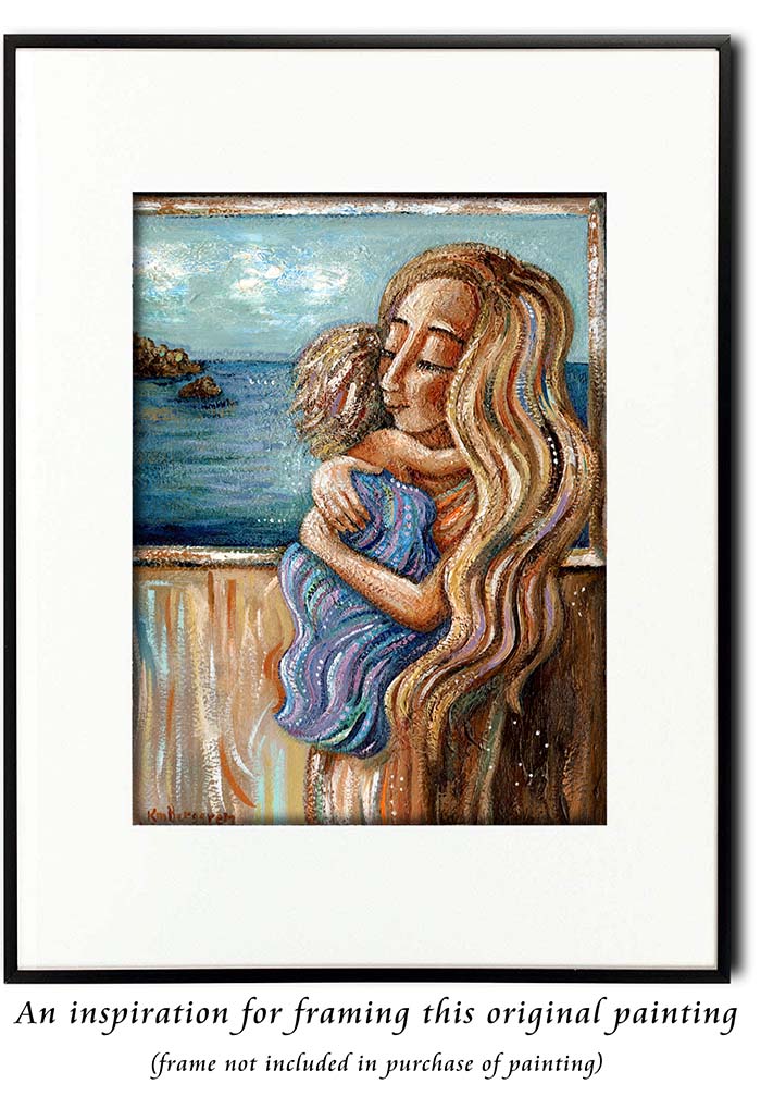 blonde mother holding blonde daughter in front of a window to the ocean, cuddling daughter artwork, mother and son painting, original painting of mother and child, mother baby ocean artwork