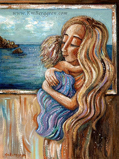 blonde mother holding blonde daughter in front of a window to the ocean, cuddling daughter artwork, mother and son painting, original painting of mother and child, mother baby ocean artwork