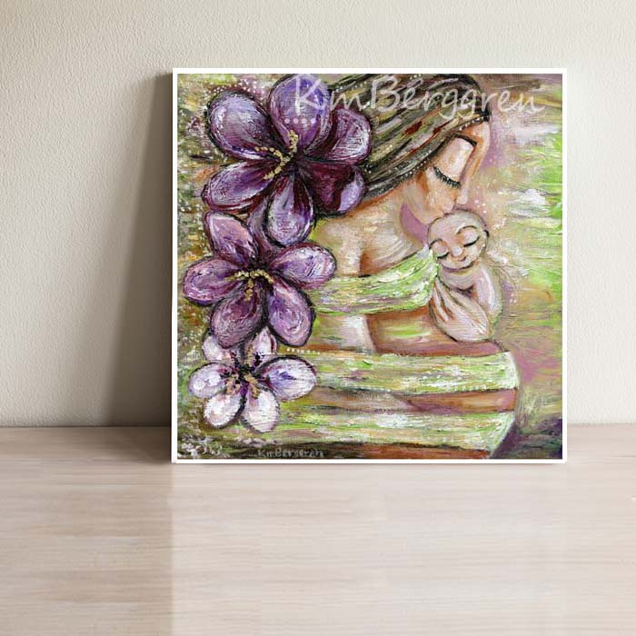 expectant mother art print with giant purple crocuses and tiny new baby with green background by KmBerggren, soft intimate painting of brunette mother kissing the head of a tiny naked baby held against her breast, with a green wrap around her body, postpartum belly, violet flowers in hair, lime green artwork