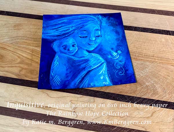 blue babywearing painting, mother wearing infant on her back, with blue bird, wrapping baby, blue painting, indigo artwork, kmberggren, km berggren