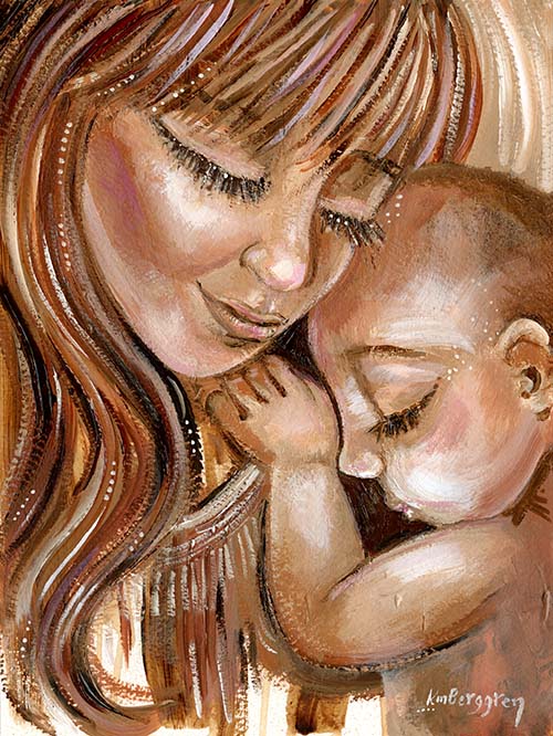 original painting of red haired mother holding sleeping baby on shoulder, bold painting of woman and child by KmBerggren