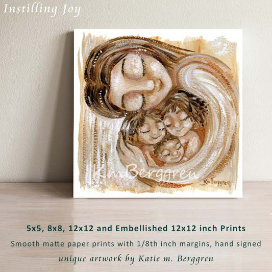 mother and 3 children in warm browns, mom cradling three children, brown watery artwork, biracial babies and mom, gift for mother's day for mom of 3