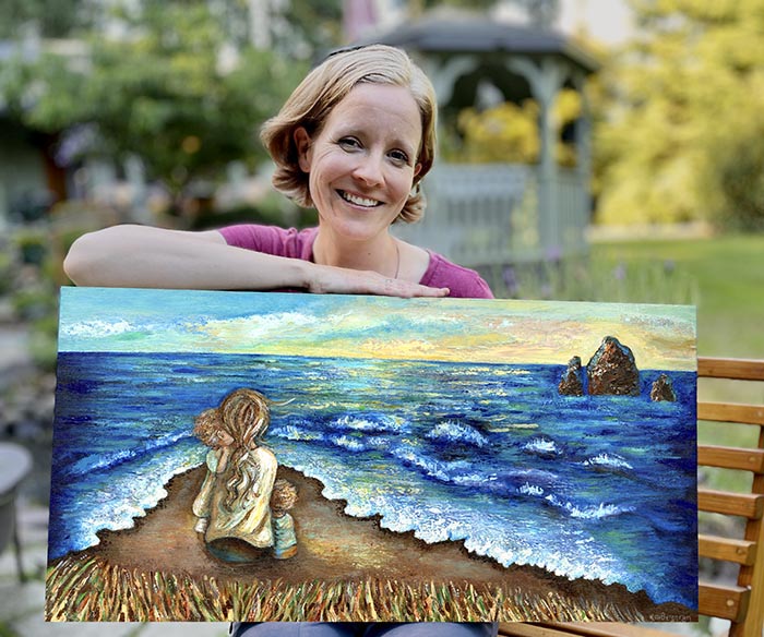 original art of mother and 2 children sittin on beach, painting of mom hugging children by the seashore, cool calm artwork, contentment art, relaxing peaceful painting shown on bedroom wall