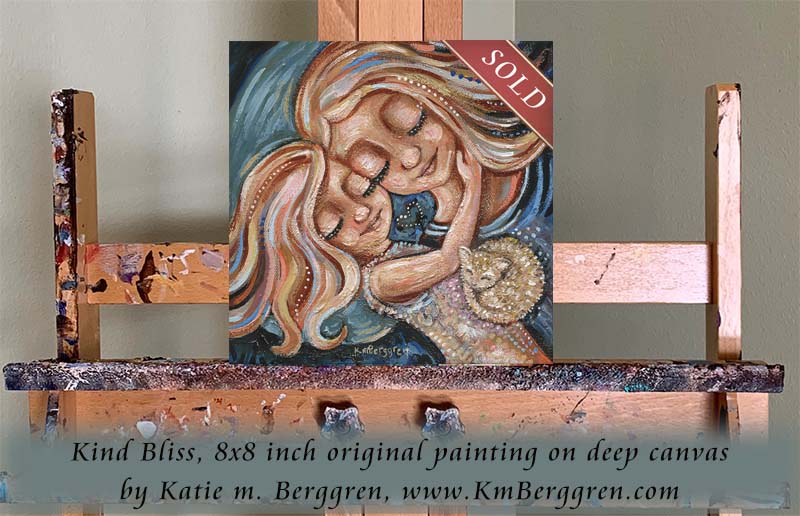 blonde mother and daughter artwork painting of mom and little girl sleeping with cat, co-sleeping artwork, mommy and little girl napping art print, frameable artwork, kmberggren