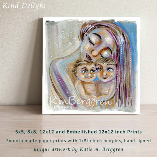 Two sweet children art print, blue eyed babies - choose an embellished print if you'd like the eye colors changed! Mother of 2 children mother's day gift. Meaningful gift for a mother with two children. Pink and blue art print. Limited Edition option.