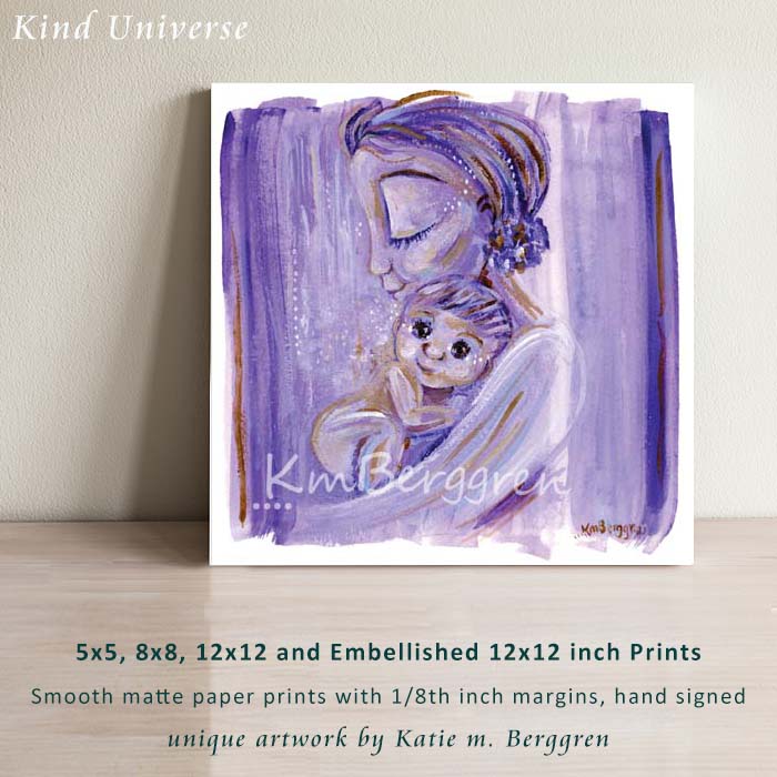 purple lavender mommy and baby art print, unique meaningful art print gifts for mom, gentle mother artwork, vibrant purple artwork