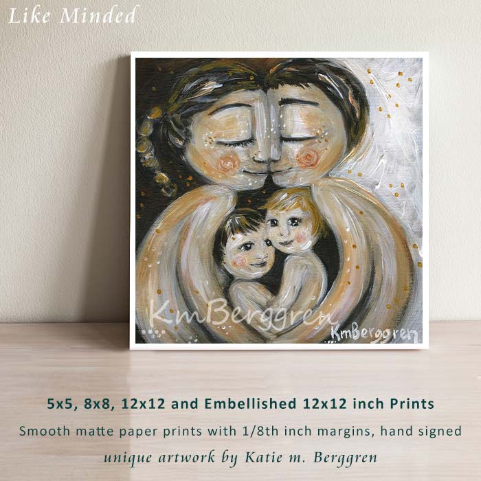 Choose Embellished for Custom Eye Colors. Warm Artwork of Mother and father with two children in their laps by KmBerggren, brunette mother and father with two children in their lap, blonde child and brunette child, brother art, twin art, parents and twins