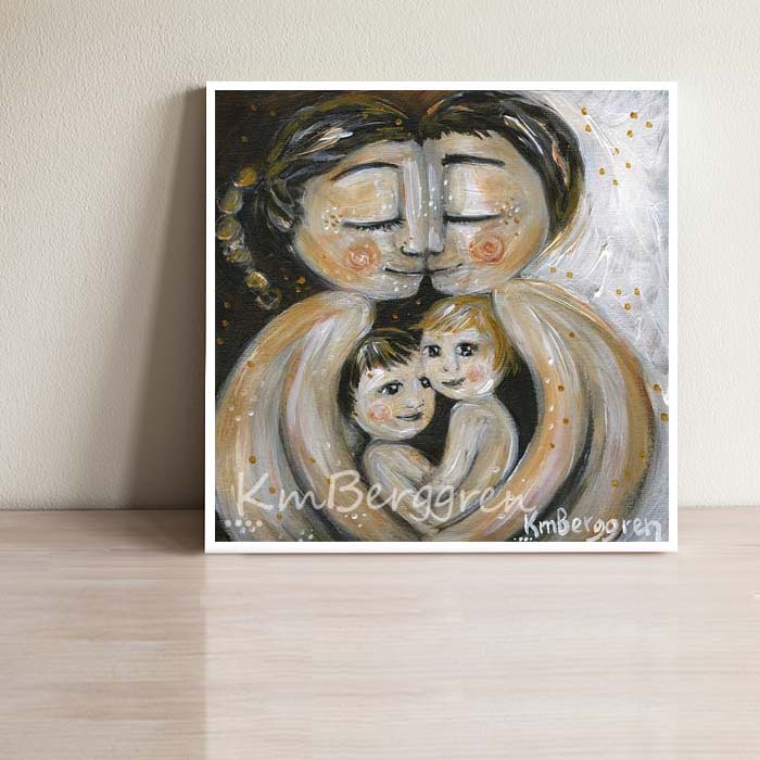 Choose Embellished for Custom Eye Colors. Warm Artwork of Mother and father with two children in their laps by KmBerggren, brunette mother and father with two children in their lap, blonde child and brunette child, brother art, twin art, parents and twins