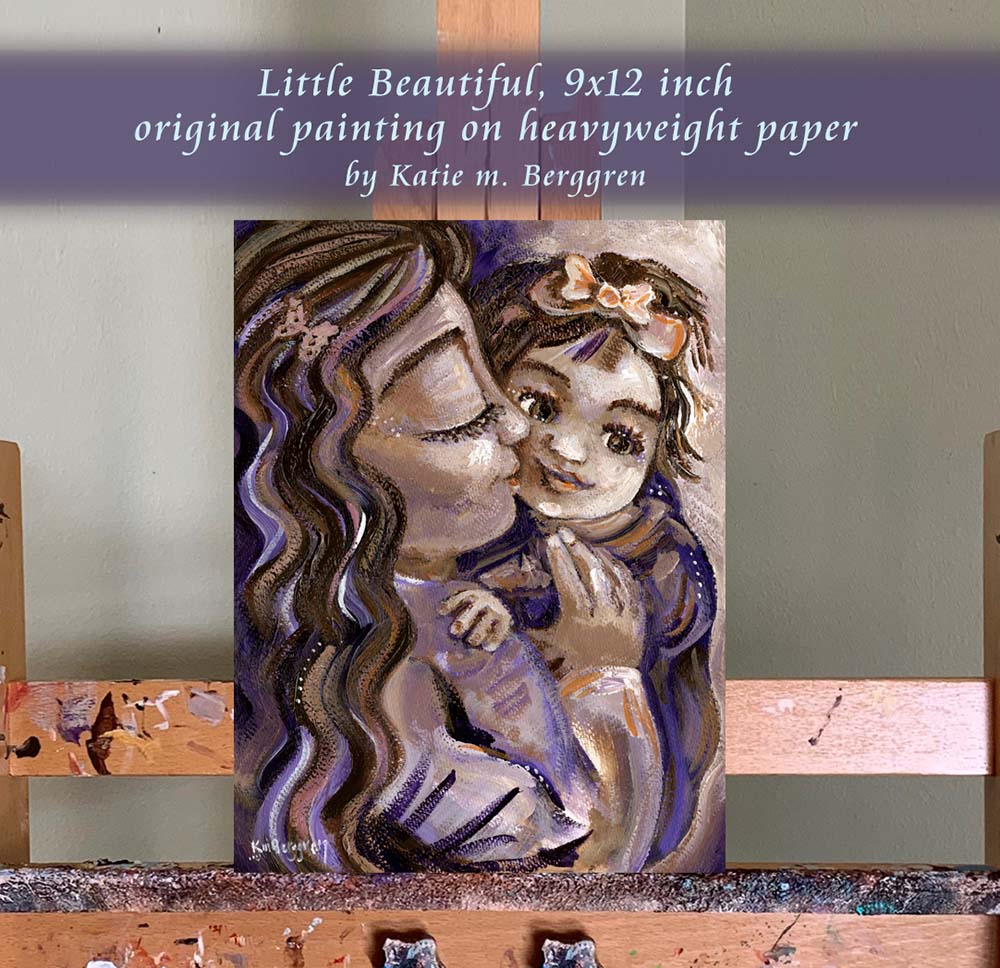 brunette mother and daughter, purple with bow and butterfly, kissing daughter original painting KmBerggren