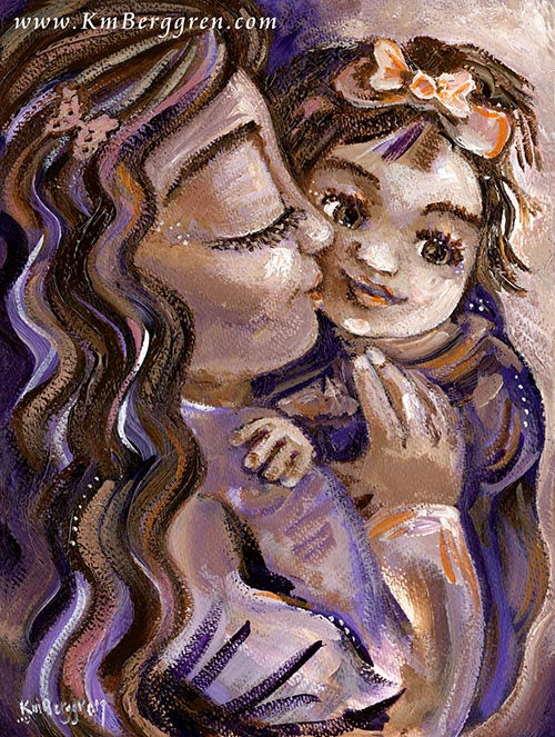 brunette mother and daughter, purple with bow and butterfly, kissing daughter original painting KmBerggren