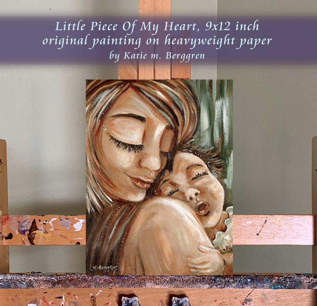 mother holding sleeping child on shoulder, original painting on heavy paper of mom and baby by KmBerggren