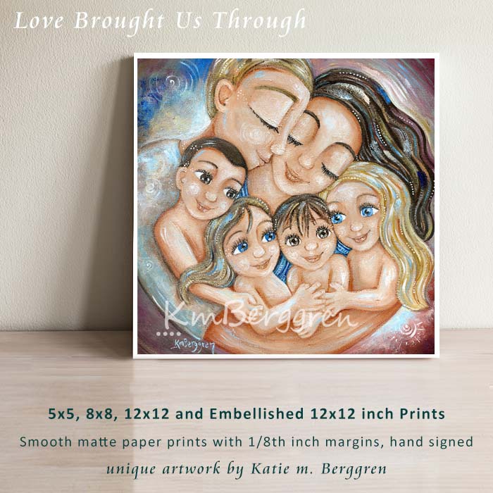 blonde dad, brunette mom and four children, 2 girls 2 boys mom and dad, mother father 4 kids, big family artwork, painting of family of 6, kmberggren loving artwork gifts for moms