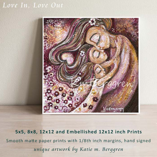 mother with two daughters, hugging with flowers and hearts, magenta, pure motherly love, mom and little girls artwork, 2 sisters with mom painting, art print of mother daughter, girls and mum art, pink flower girl art