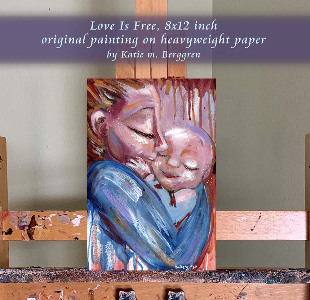 bright blue and magenta mother and new baby artwork, vibrant lively painting of woman and baby by KmBerggren