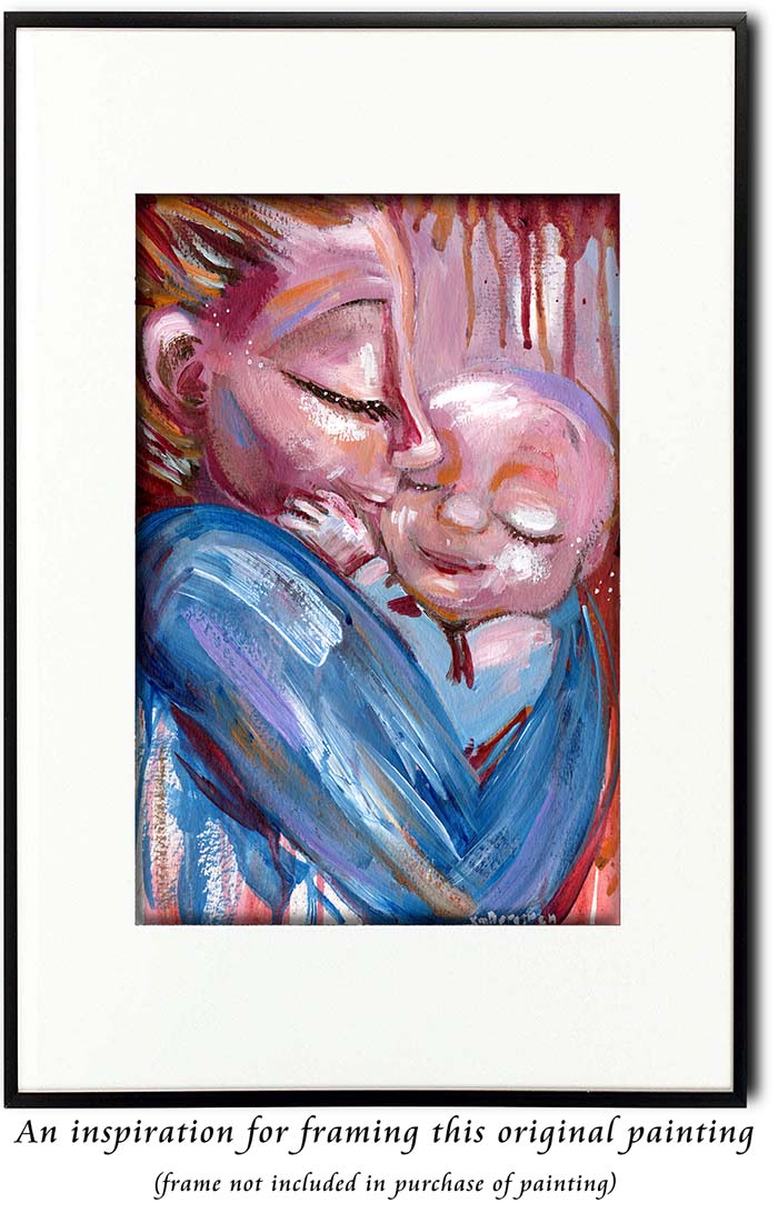 bright blue and magenta mother and new baby artwork, vibrant lively painting of woman and baby by KmBerggren