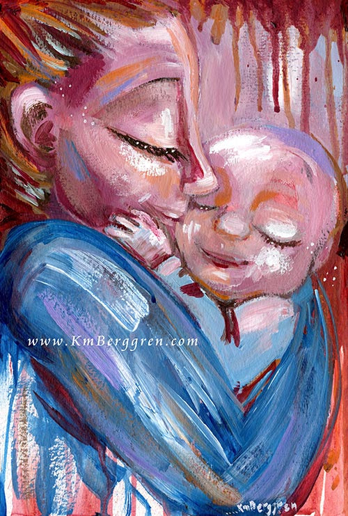 bright blue and magenta mother and new baby artwork, vibrant lively painting of woman and baby by KmBerggren