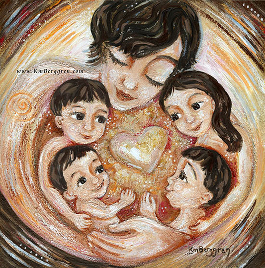 short brown haired mom artwork with four children, four children and mom, gifts for mom from kids, by KmBerggren