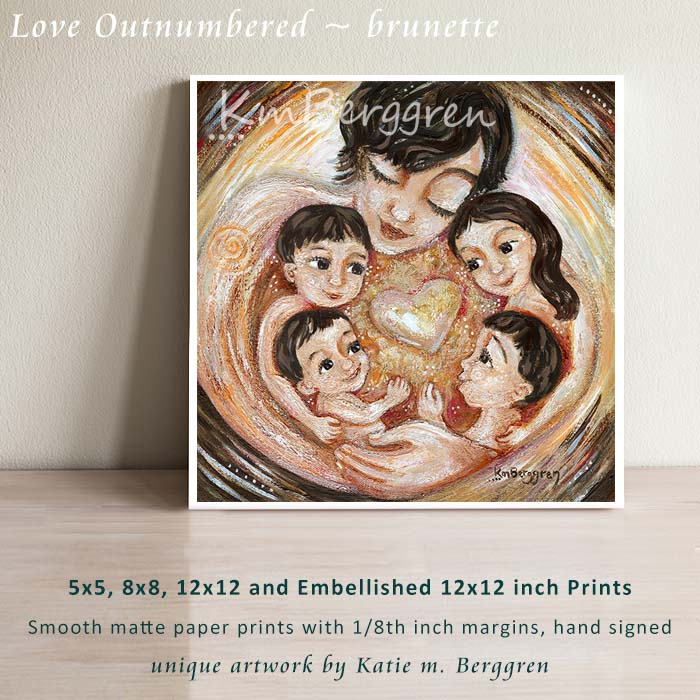 short brown haired mom artwork with four children, four children and mom, gifts for mom from kids, by KmBerggren