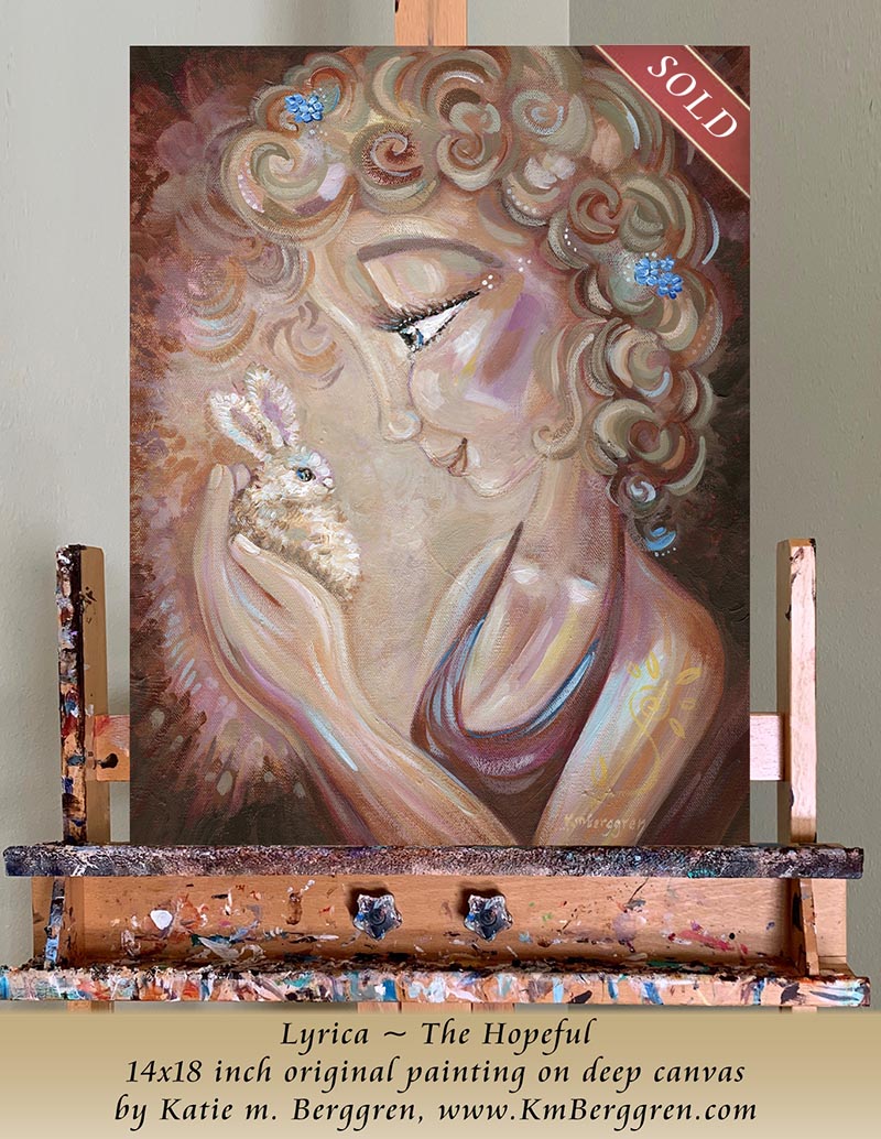 Painting of a woman with blonde curly hair holding a baby bunny, by KmBerggren