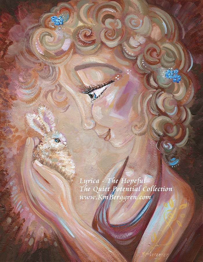 Artist Depiction of a woman with blonde curly hair holding a baby bunny, by KmBerggren