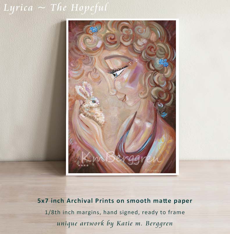Painting of a woman with blonde curly hair holding a baby bunny, by KmBerggren