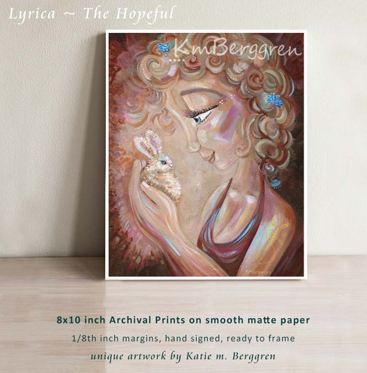 Painting of a woman with blonde curly hair holding a baby bunny, by KmBerggren