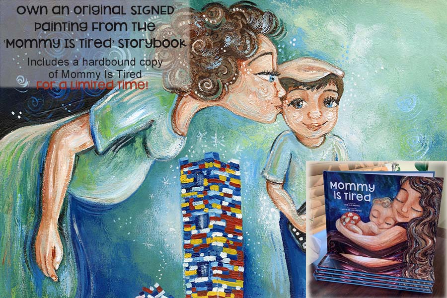 mother and son with lego bricks painting, expectang mother, mommy is tired painting, art from a storybook, published artwork, lisa morris author, lisa aloi morris mommy is tired, illustrated book art, illustrations and book, free book with purchase, kmberggren, km berggren book illustrations