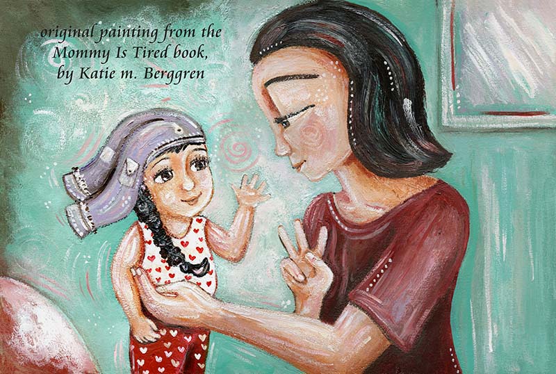 mother and daughter with black hair painting, asian mother and child, mommy is tired painting, art from a storybook, published artwork, lisa morris author, lisa aloi morris mommy is tired, illustrated book art, illustrations and book, free book with purchase, kmberggren, km berggren book illustrations