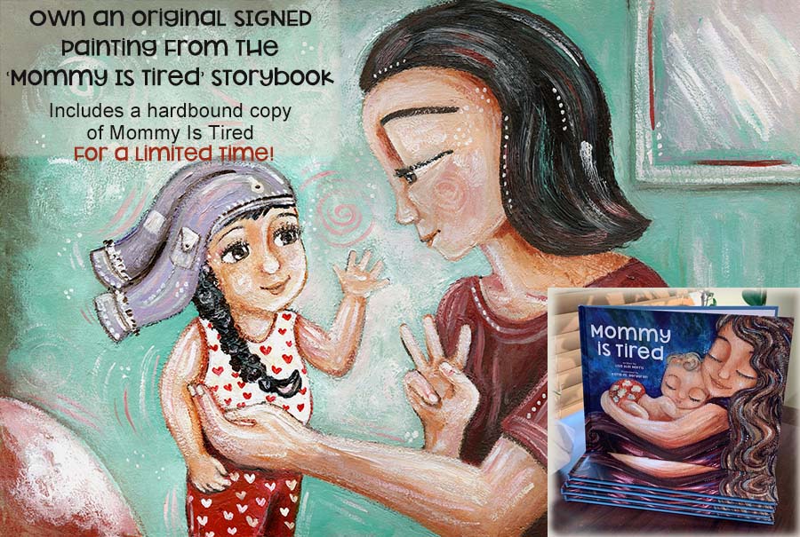 mother and daughter with black hair painting, asian mother and child, mommy is tired painting, art from a storybook, published artwork, lisa morris author, lisa aloi morris mommy is tired, illustrated book art, illustrations and book, free book with purchase, kmberggren, km berggren book illustrations