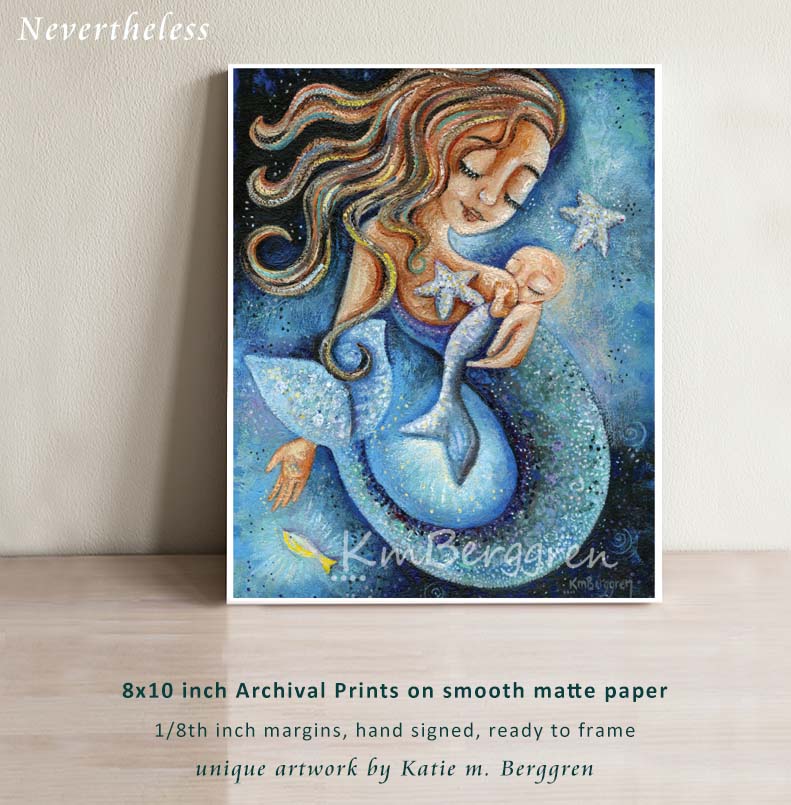 breastfeeding mermaid with bald infant at breast, blue water, starfish and red long way hair artwork