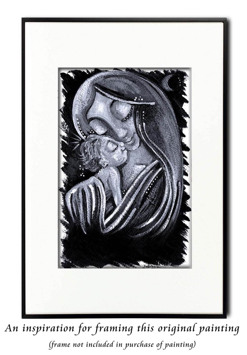 An 8x12 inch ORIGINAL black and white mother and baby painting on heavy 185 lb paper stock, mother and child black and white artwork, black and white painting of mom and baby, black and white paintings of women, bird and baby artwork, new baby gift, new baby artwork in black and white