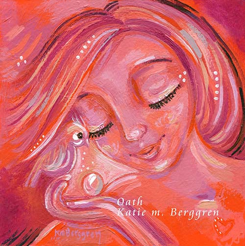 orange painting of woman and bird, with egg, bird painting, orange and pink paintings of woman with bird, wall decor for women, fertility clinic artwork, obgyn wall decor, km berggren, kmberggren