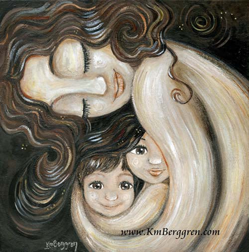 Mama hugging two children, family love art. Unique and Special Gifts for Women and Moms, bi-racial children and mother, brown and black hair family, brother gift, sister gift, mom of two gift for mothers day