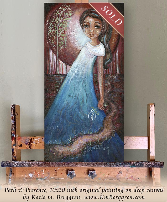 paintings of woman, art of women, woman in the forest, paintings of path and woods, sun painting, big sun and woman painting, figurative artwork female, trees and sun artwork, trees and path painting, confident woman gift, wall decor for woman's office, office wall art, therapy for women wall decor, kmberggren, km berggren, katie berggren artwork, warm art