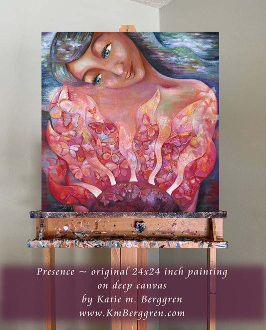 woman painting, art inspired by stoicism, art inspired by Seneca, david fideler, breakfast with seneca art, sunshine artwork, painting of the sun, blue eyed woman painting, butterfly painting, clouds blue sky painting, warm magenta sun art, warm art