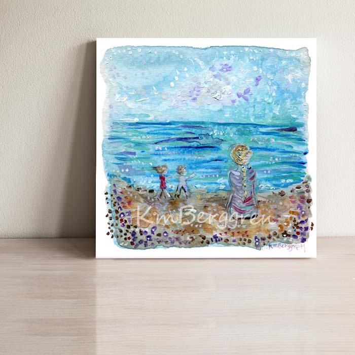 dreamy beach art, woman and two children on the beach, purple and blue soft beach painting, abstract expressive beach art print, beach house wall decor, whimsical beach art, family on beach painting, contemporary beach painting, kmberggren