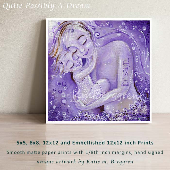 purple mother and daughter sleeping art print, Dream tattoo on mothers arm, by KmBerggren