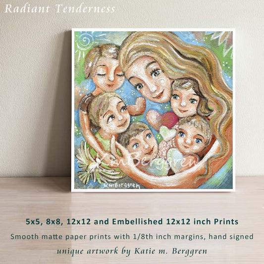 art print of mother with long blonde hair and her five children with hearts and birds by KmBerggren