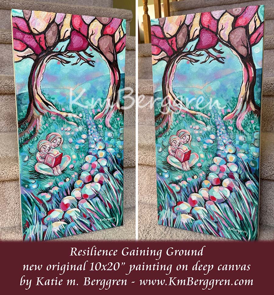vertical tall painting on canvas of a mother and child reading in a field near a stone path original painting by kmberggren, paintings of women, hopeful artwork, inspirational artwork for women, gifts for mom, art for women, paintings of stairs in nature, paintings of trees, paintings of rocks, kimberggren, kmberggren, katie berggren