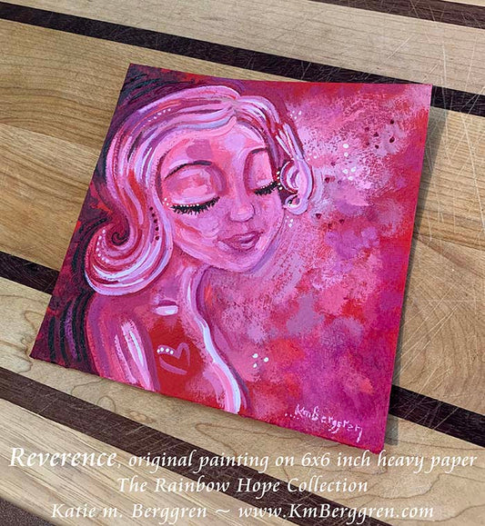 red painting of woman and bird, bird painting, red and pink paintings of woman with bird, wall decor for women, fertility clinic artwork, obgyn wall decor, km berggren, kmberggren