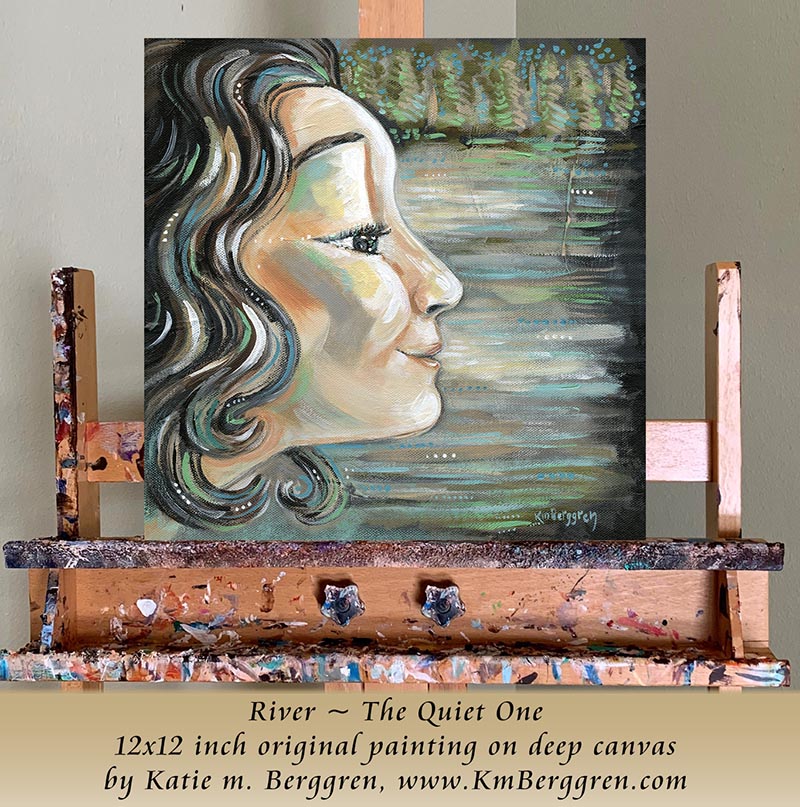 Artistic depiction of a woman's profile with wavy black hair, green and blue background, peaceful woman in nature with sweet smile, original painting by kmberggren