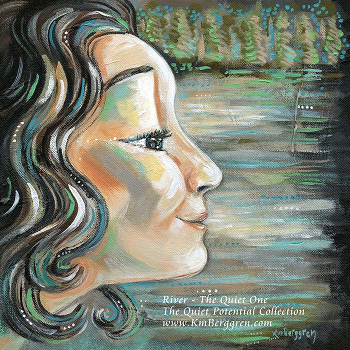 Artistic depiction of a woman's profile with a serene landscape in the background, featuring the artist's signature, kmberggren.